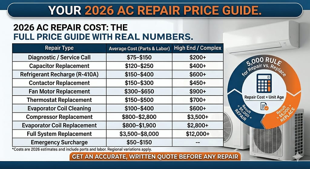 How Much Does AC Repair Cost in 2026? The Full Price Guide (With Real Numbers) 1 HVAC